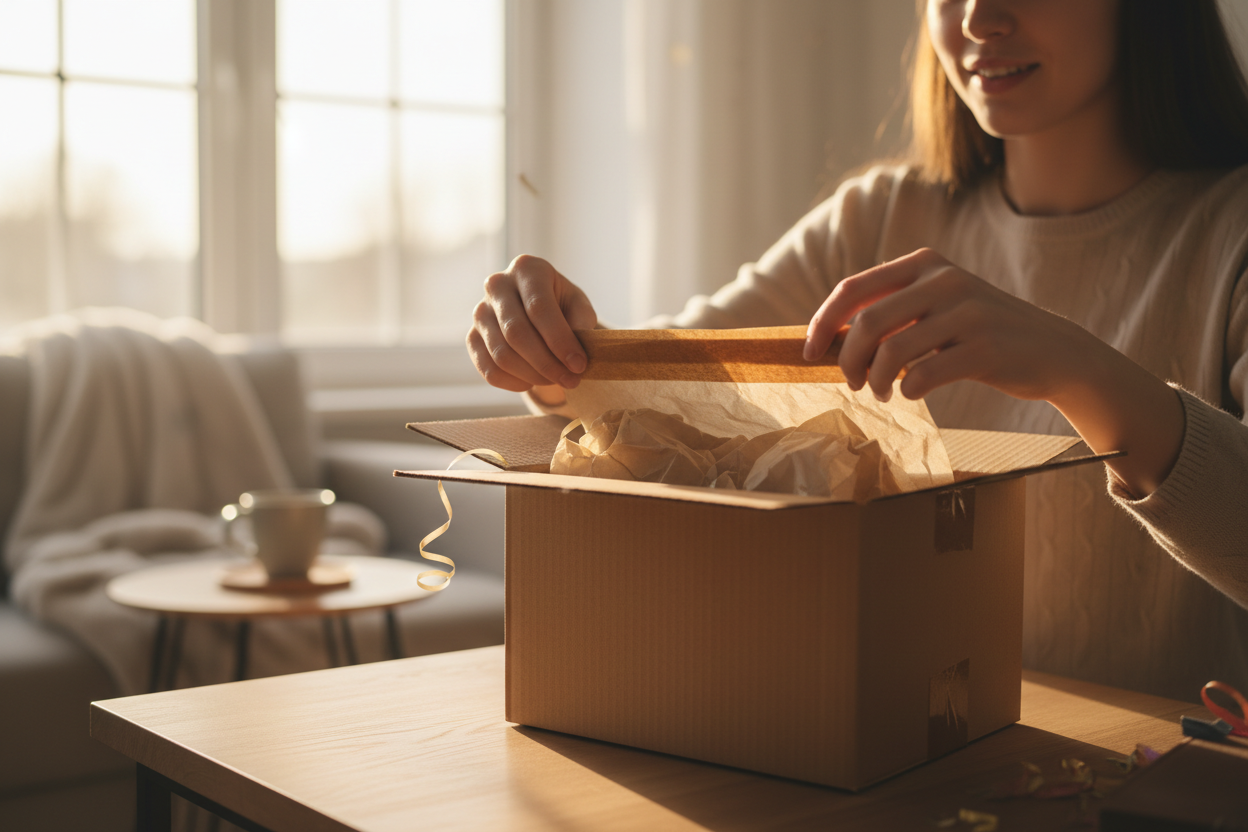 Person öffnet Paket mit frisch gelieferten Jungpflanzen