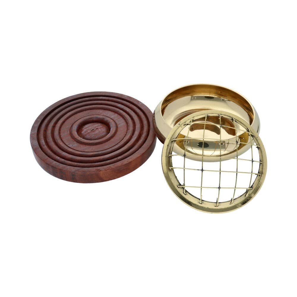 Kleiner Bronze-Räucherkessel mit Holzsockel und Gitter